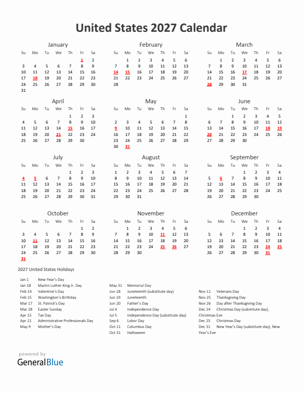 2027 Yearly Calendar Printable With United States Holidays