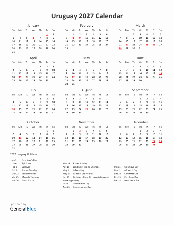 2027 Yearly Calendar Printable With Uruguay Holidays