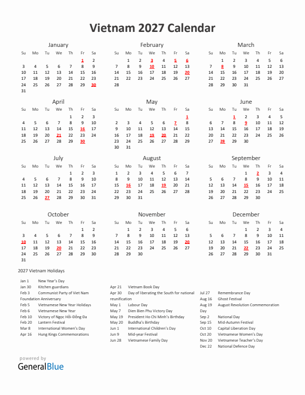 2027 Yearly Calendar Printable With Vietnam Holidays