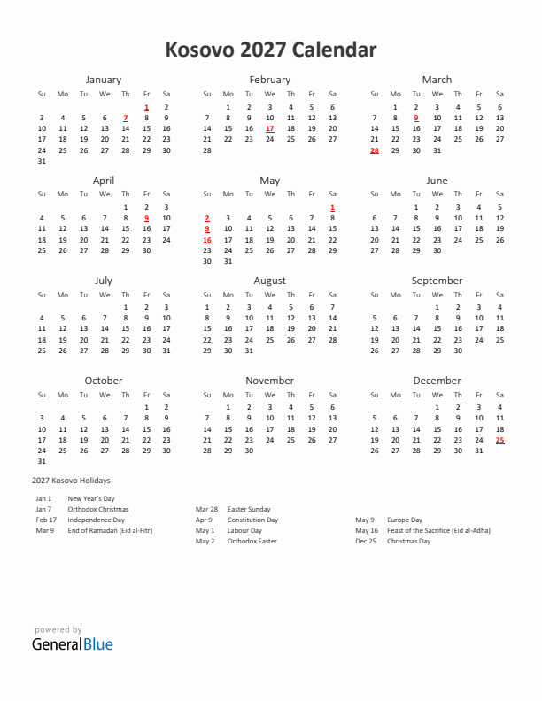 2027 Yearly Calendar Printable With Kosovo Holidays