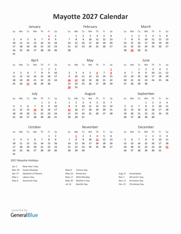 2027 Yearly Calendar Printable With Mayotte Holidays