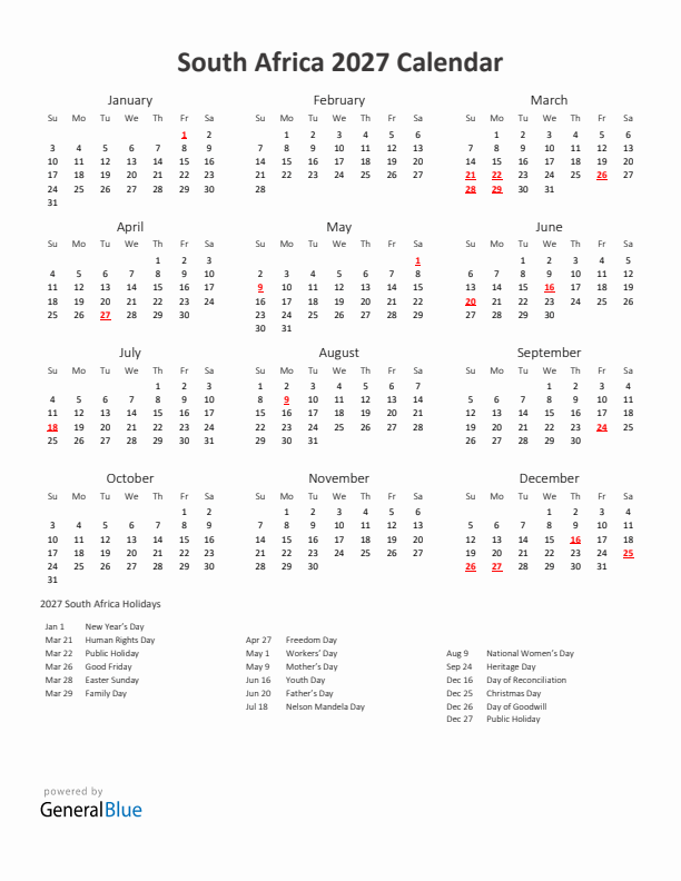 2027 Yearly Calendar Printable With South Africa Holidays