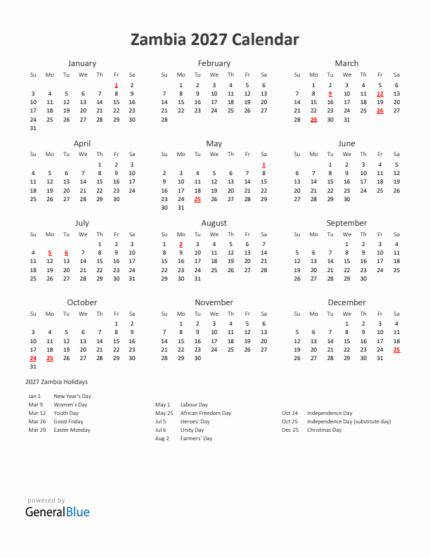 2027 Yearly Calendar Printable With Zambia Holidays