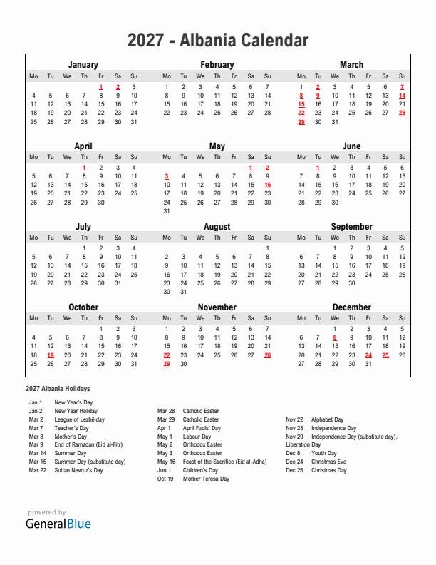 Year 2027 Simple Calendar With Holidays in Albania