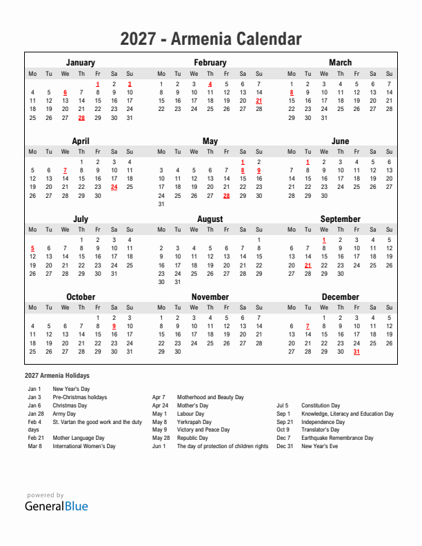 Year 2027 Simple Calendar With Holidays in Armenia