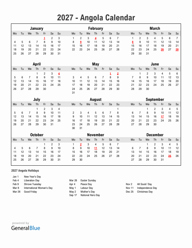 Year 2027 Simple Calendar With Holidays in Angola