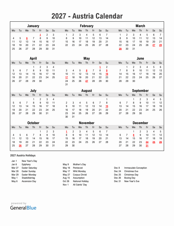 Year 2027 Simple Calendar With Holidays in Austria