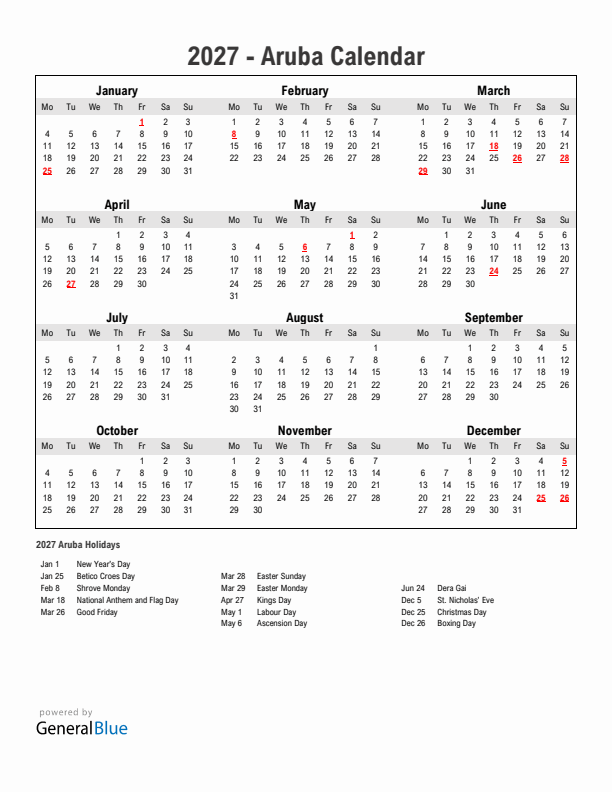 Year 2027 Simple Calendar With Holidays in Aruba