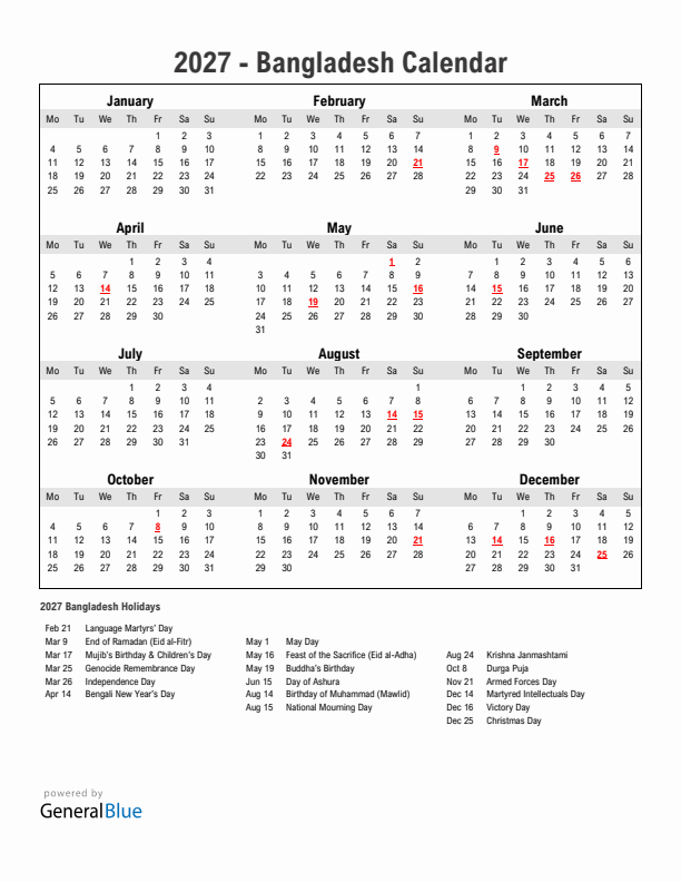 Year 2027 Simple Calendar With Holidays in Bangladesh