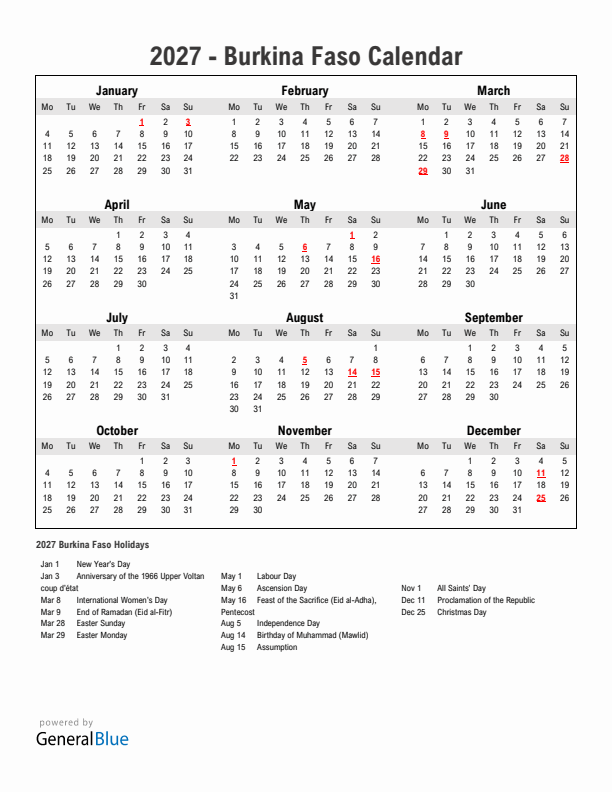Year 2027 Simple Calendar With Holidays in Burkina Faso
