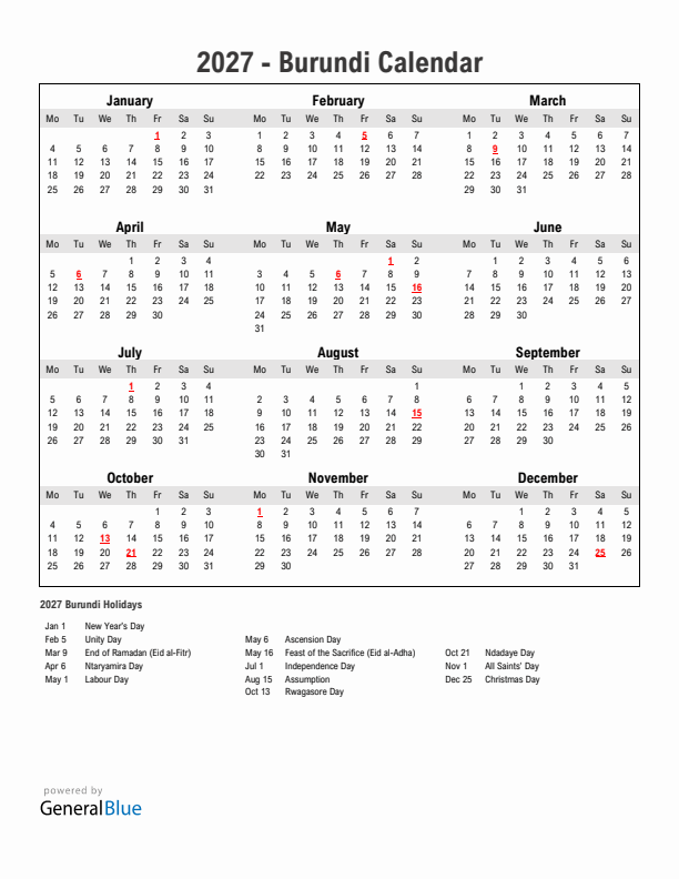 Year 2027 Simple Calendar With Holidays in Burundi