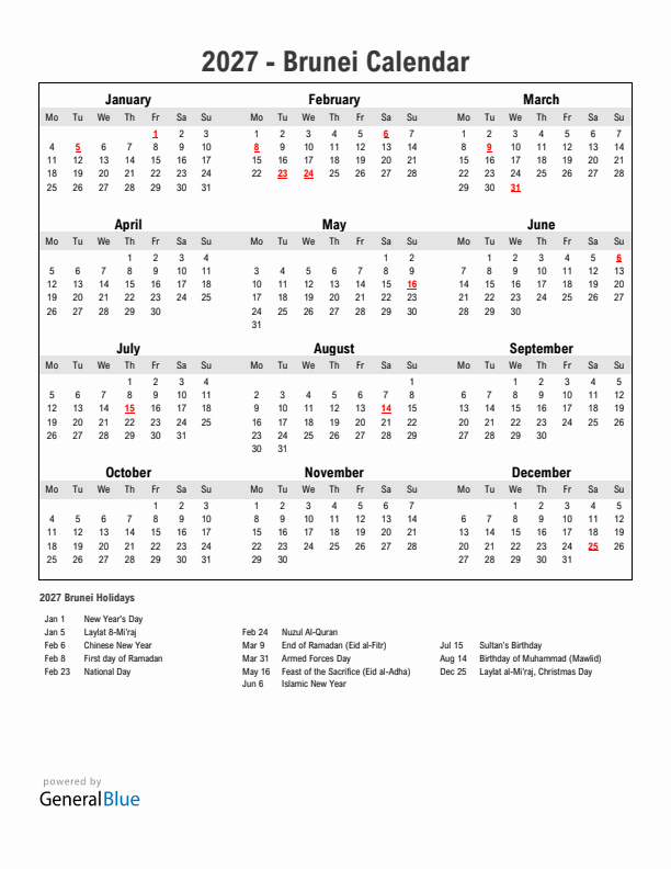 Year 2027 Simple Calendar With Holidays in Brunei