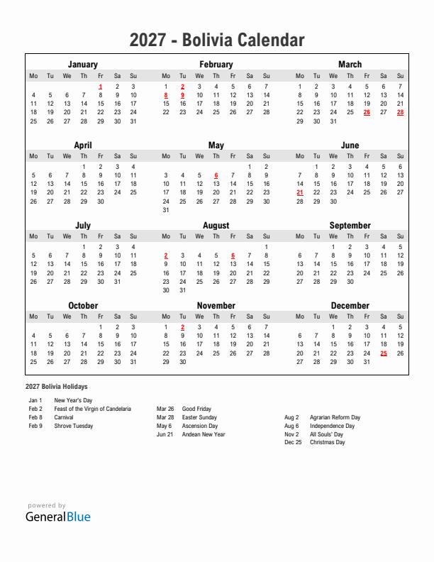 Year 2027 Simple Calendar With Holidays in Bolivia