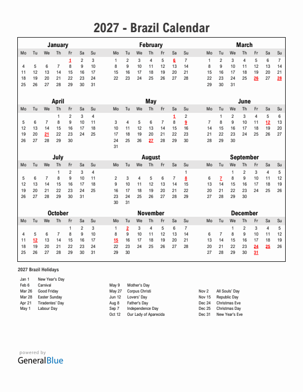 Year 2027 Simple Calendar With Holidays in Brazil