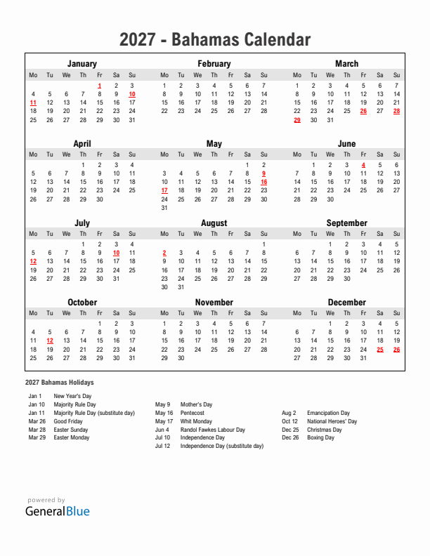 Year 2027 Simple Calendar With Holidays in Bahamas