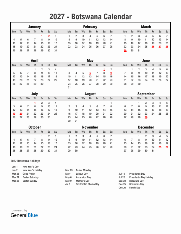 Year 2027 Simple Calendar With Holidays in Botswana