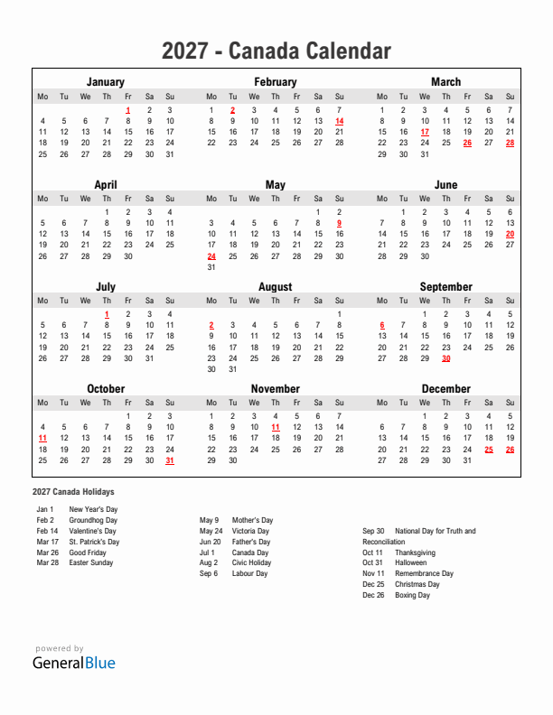 Year 2027 Simple Calendar With Holidays in Canada