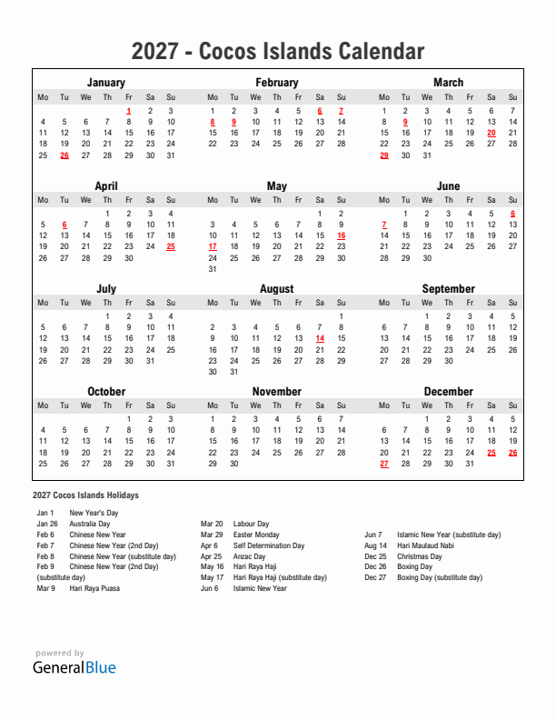 Year 2027 Simple Calendar With Holidays in Cocos Islands