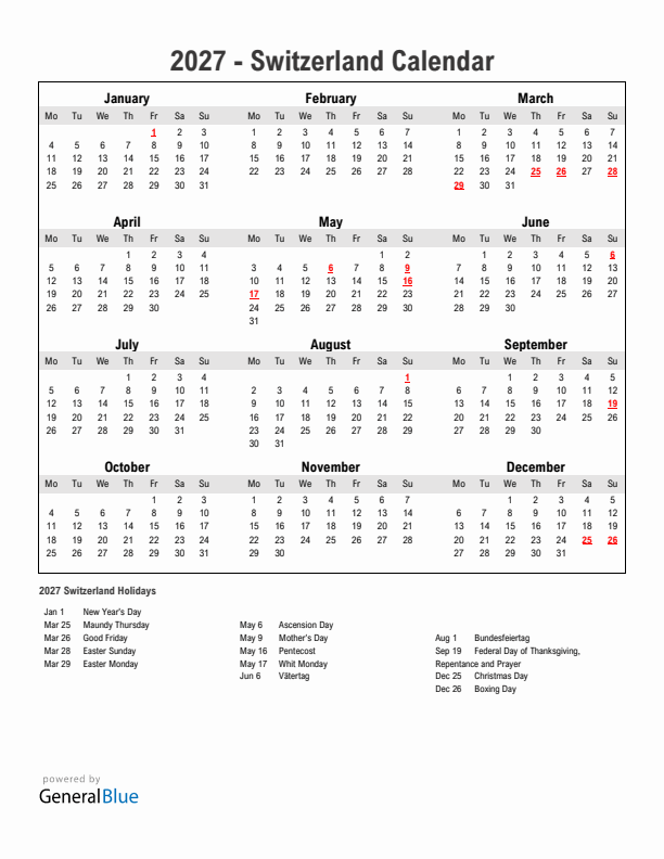 Year 2027 Simple Calendar With Holidays in Switzerland