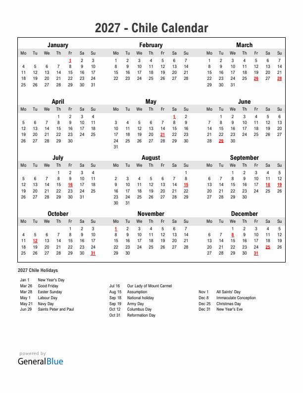Year 2027 Simple Calendar With Holidays in Chile