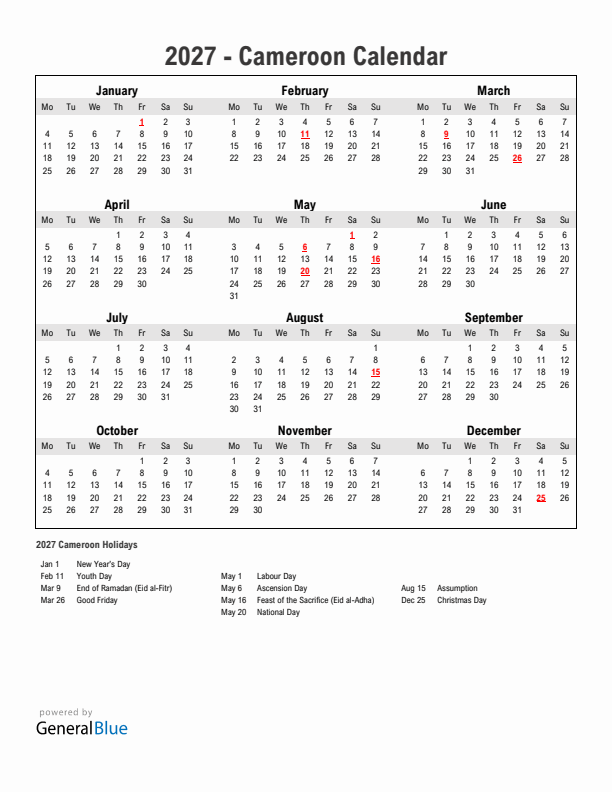 Year 2027 Simple Calendar With Holidays in Cameroon