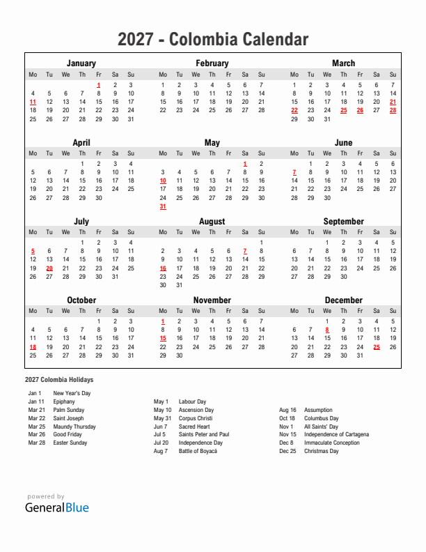Year 2027 Simple Calendar With Holidays in Colombia