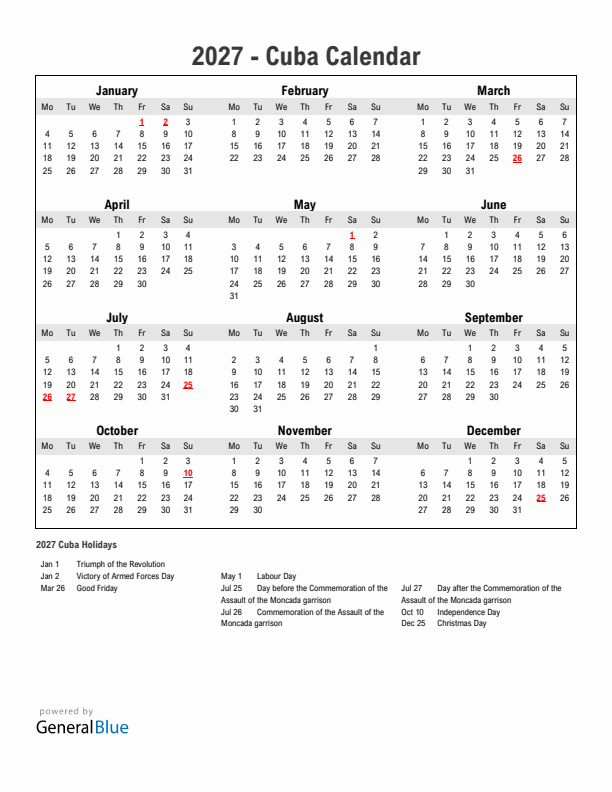 Year 2027 Simple Calendar With Holidays in Cuba