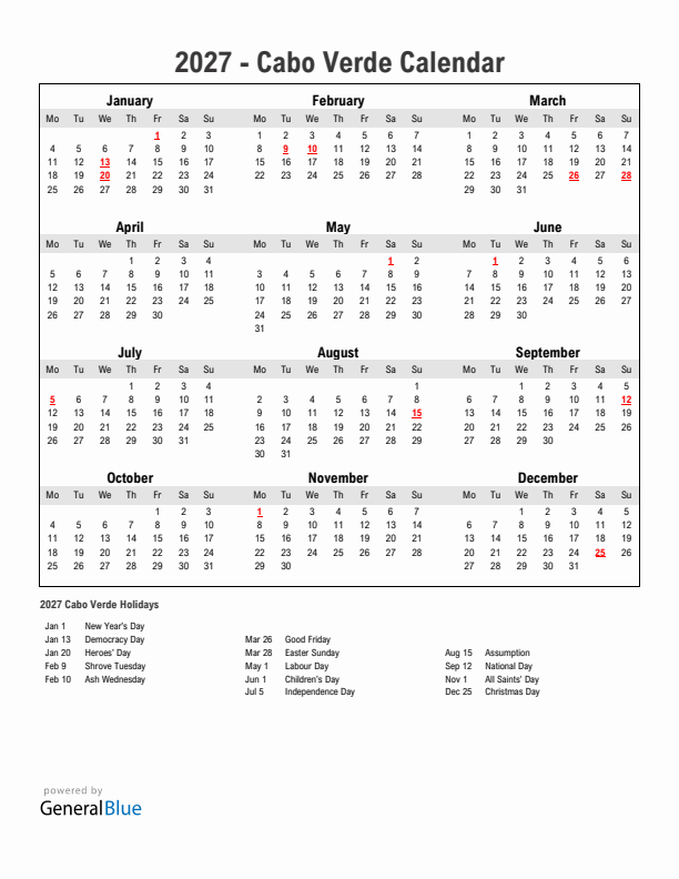 Year 2027 Simple Calendar With Holidays in Cabo Verde