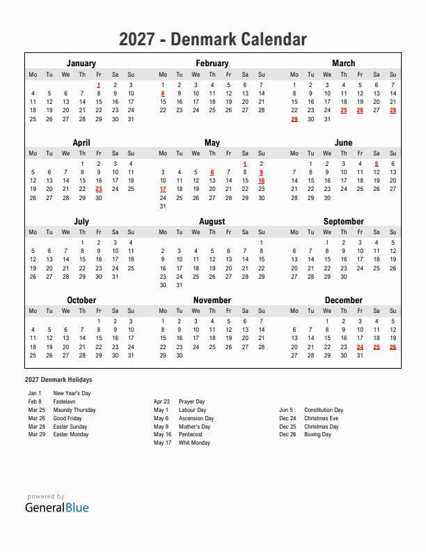 Year 2027 Simple Calendar With Holidays in Denmark