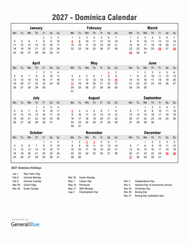 Year 2027 Simple Calendar With Holidays in Dominica