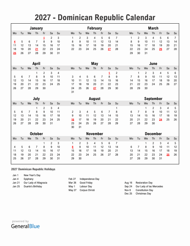 Year 2027 Simple Calendar With Holidays in Dominican Republic