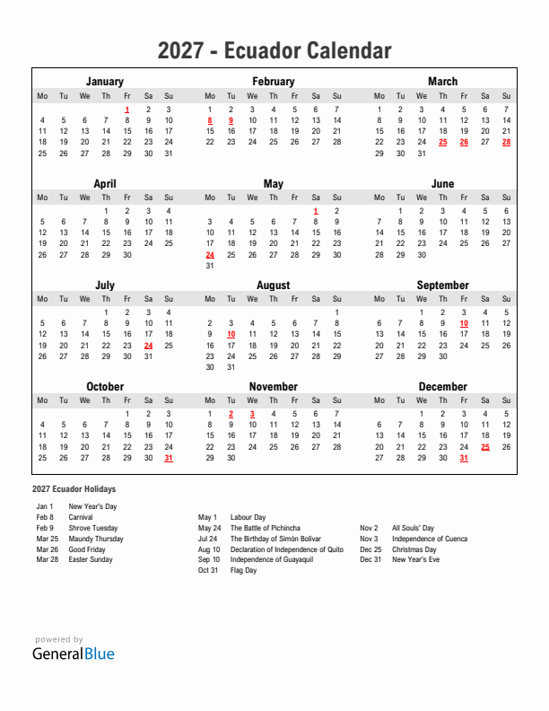 Year 2027 Simple Calendar With Holidays in Ecuador