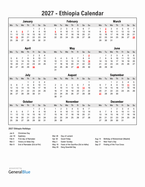 Year 2027 Simple Calendar With Holidays in Ethiopia