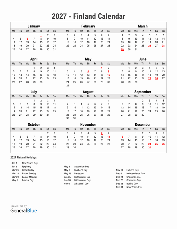 Year 2027 Simple Calendar With Holidays in Finland
