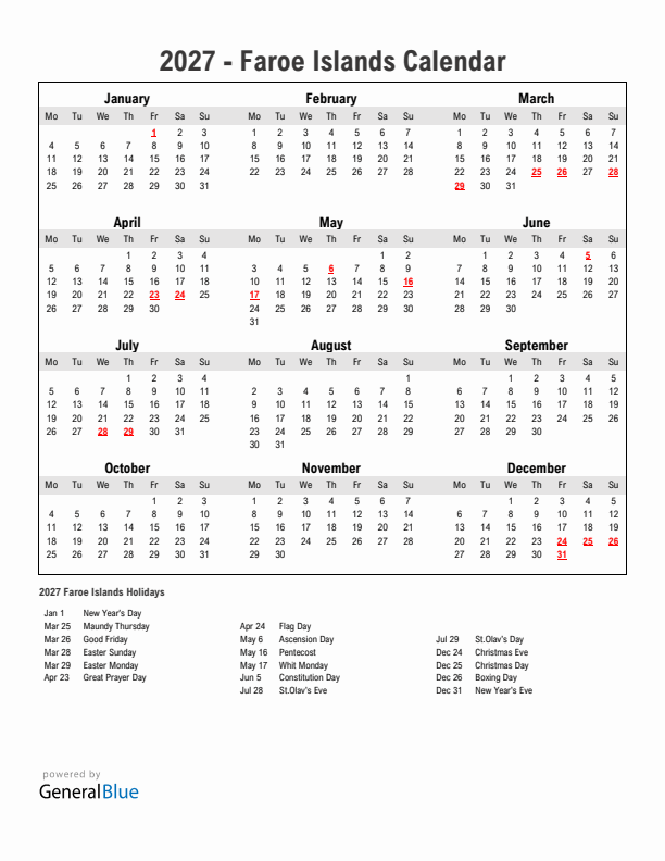 Year 2027 Simple Calendar With Holidays in Faroe Islands