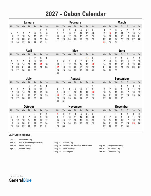 Year 2027 Simple Calendar With Holidays in Gabon