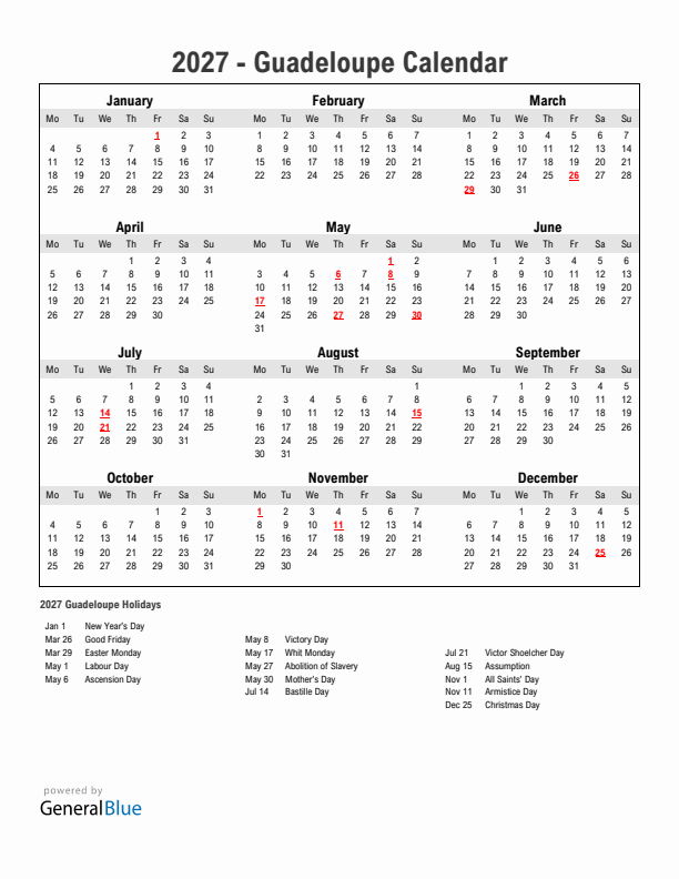 Year 2027 Simple Calendar With Holidays in Guadeloupe
