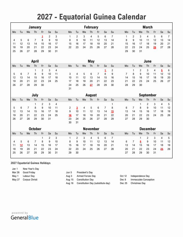 Year 2027 Simple Calendar With Holidays in Equatorial Guinea