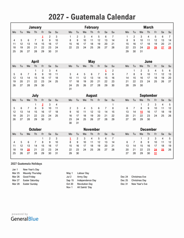 Year 2027 Simple Calendar With Holidays in Guatemala