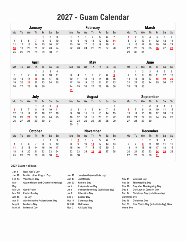 Year 2027 Simple Calendar With Holidays in Guam