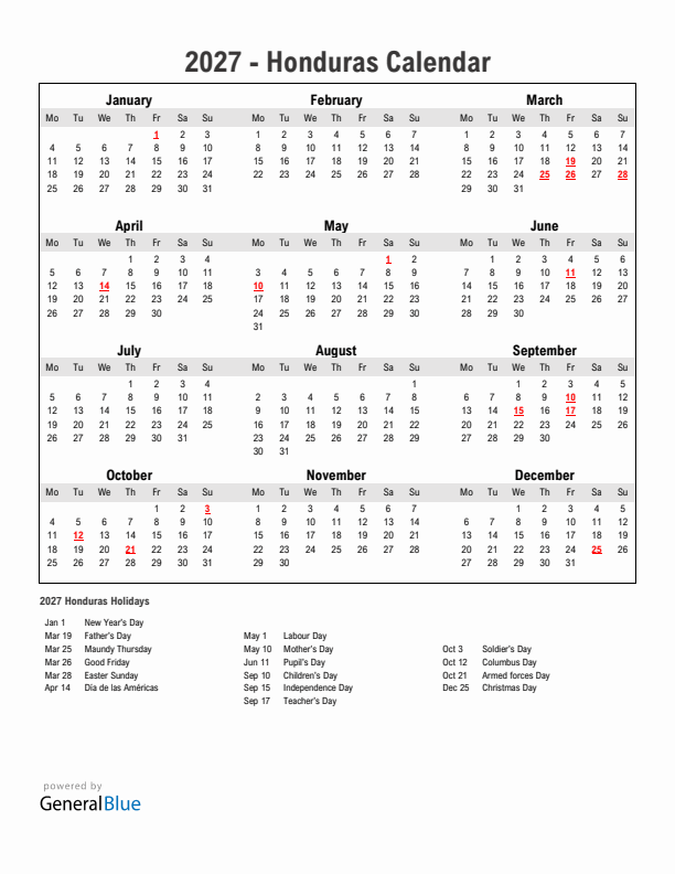 Year 2027 Simple Calendar With Holidays in Honduras