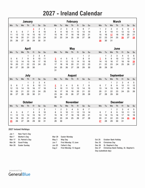 Year 2027 Simple Calendar With Holidays in Ireland