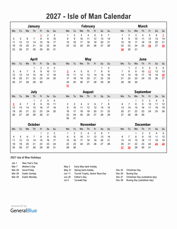 Year 2027 Simple Calendar With Holidays in Isle of Man