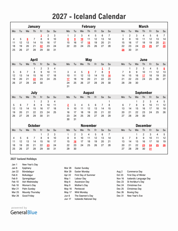 Year 2027 Simple Calendar With Holidays in Iceland