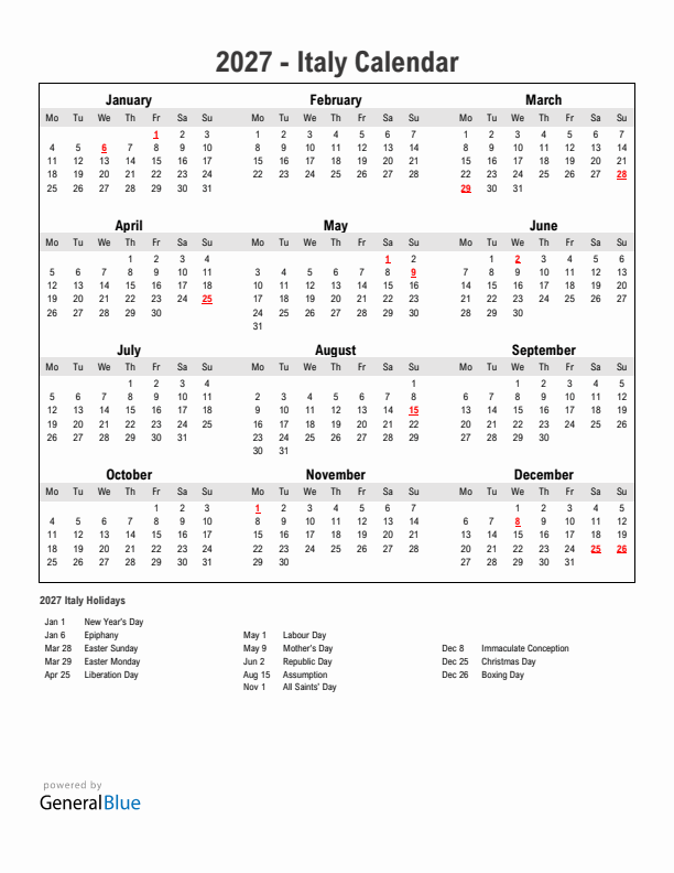 Year 2027 Simple Calendar With Holidays in Italy