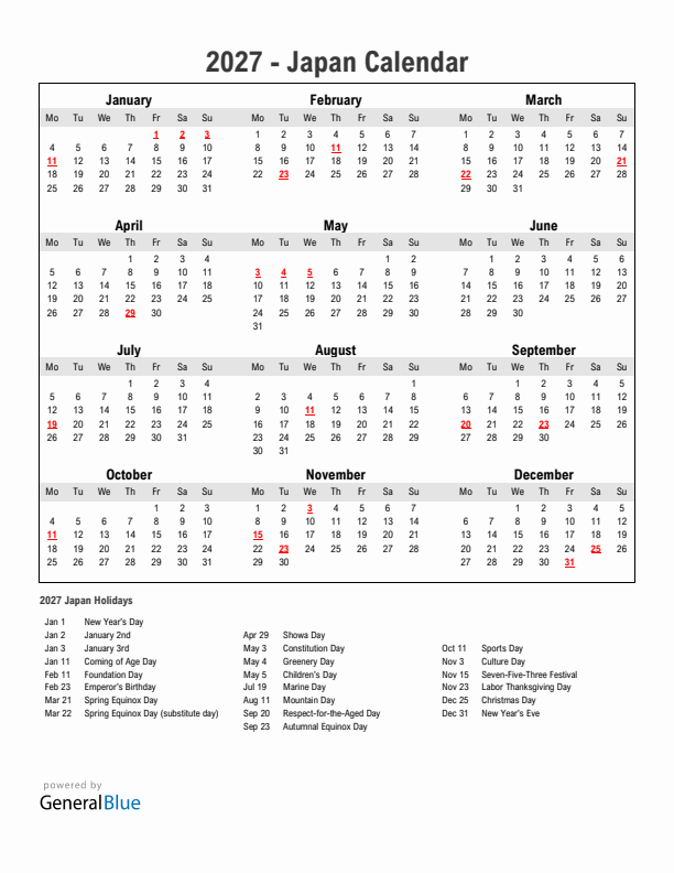 Year 2027 Simple Calendar With Holidays in Japan