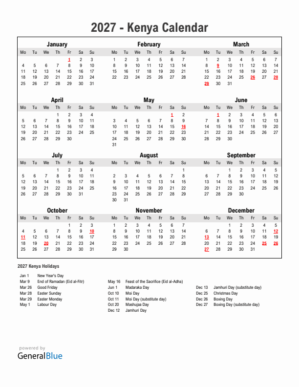 Year 2027 Simple Calendar With Holidays in Kenya