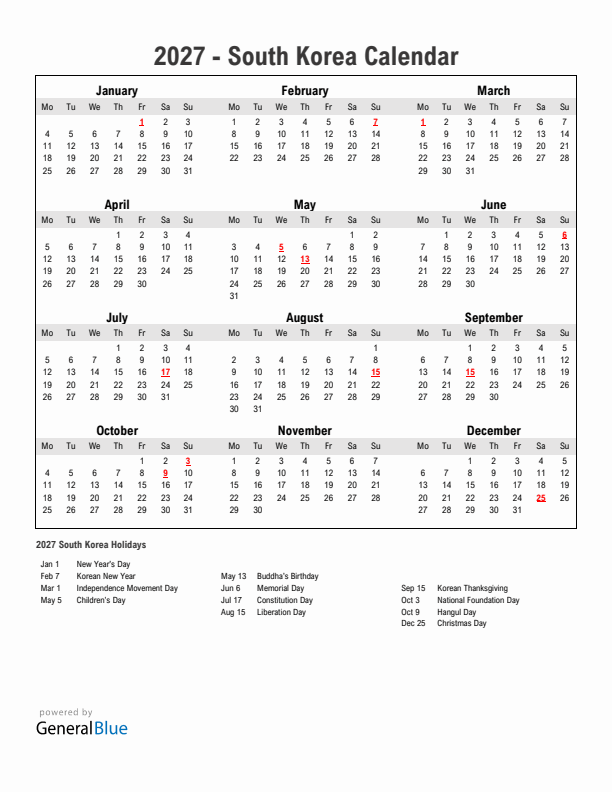 Year 2027 Simple Calendar With Holidays in South Korea