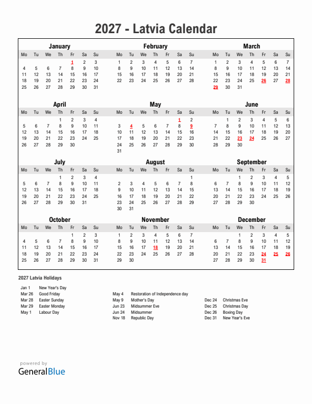 Year 2027 Simple Calendar With Holidays in Latvia