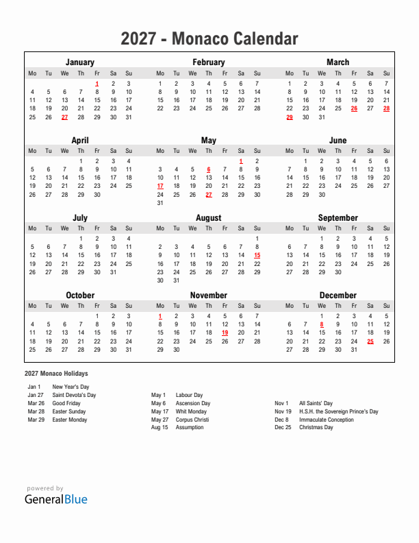 Year 2027 Simple Calendar With Holidays in Monaco